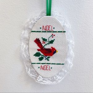 Mini Cross Stitch Red Cardinal NOEL Ornament